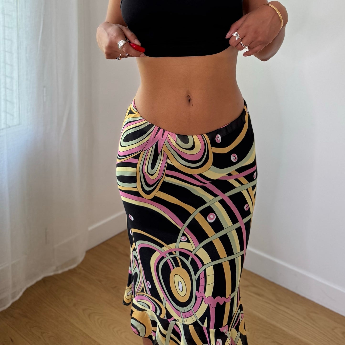 Vintage Black Pink Green Yellow Abstract Mesh Midi Skirt Euro Y2K (M)