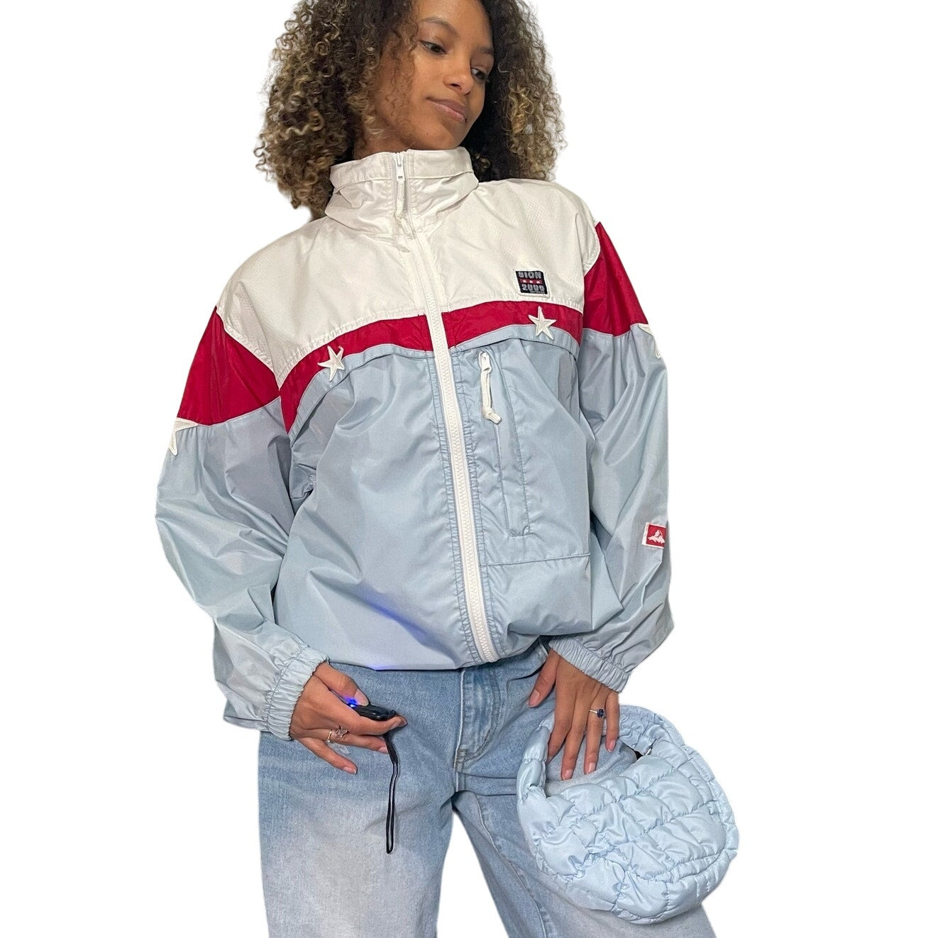 90s baby blue oversized sporty Swiss varsity windbreaker jacket (XS/S)