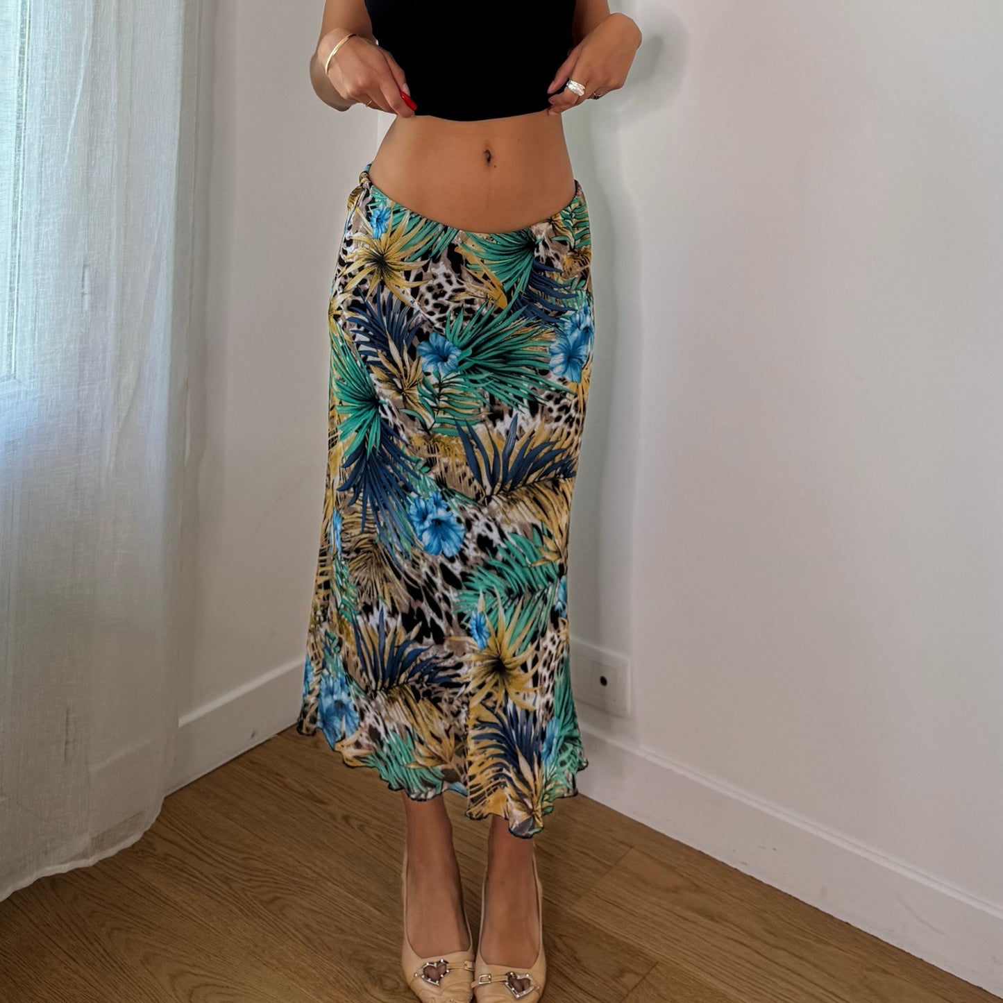 Vintage Green Blue Brown Tropical Animal Print Mesh Midi Skirt Euro Y2K (S)