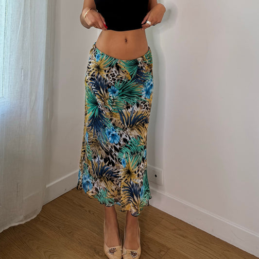 Vintage Green Blue Brown Tropical Animal Print Mesh Midi Skirt Euro Y2K (S)