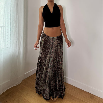 Vintage Brown Micro Floral Mesh Maxi Skirt Lace Hem Italian Y2K Skirt (S) ⠀