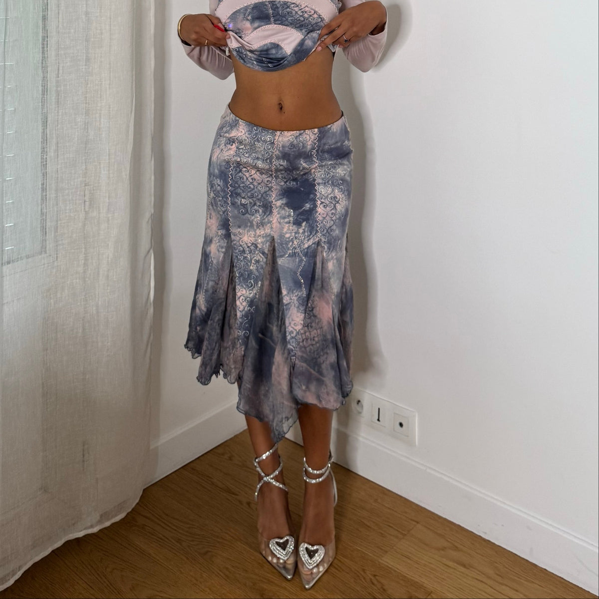 Italian vintage Y2K pink and blue two-piece set with slinky long sleeve top and embroidered silk mesh midi skirt