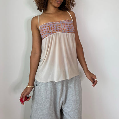 Vintage White Printed Mesh Cami Top Babydoll Empire Waist Y2K (S)