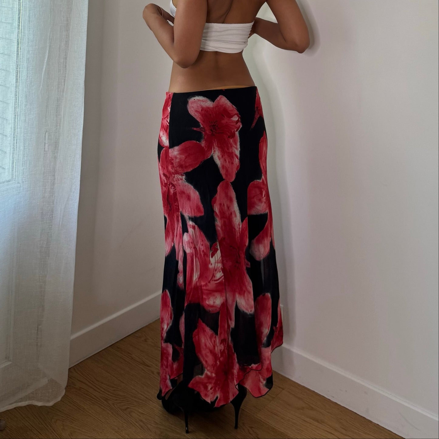 Vintage Black Pink Floral Mesh Maxi Skirt Italian Y2K (S)
