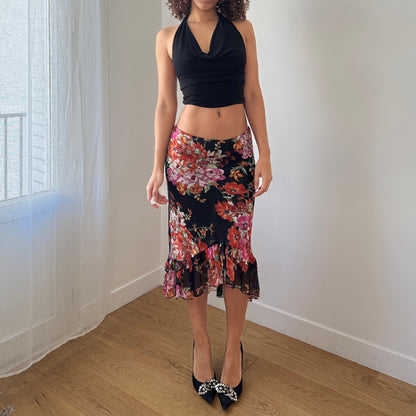 Vintage Italian Black Floral Mesh Midi Skirt Ruffle Hem Sheer (S)