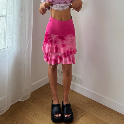 Vintage Pink Tie Dye Mesh Ruffle Mini Skirt Tiered Italian Y2K (S)