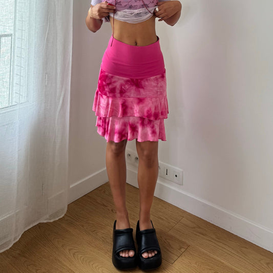 Vintage Pink Tie Dye Mesh Ruffle Mini Skirt Tiered Italian Y2K (S)
