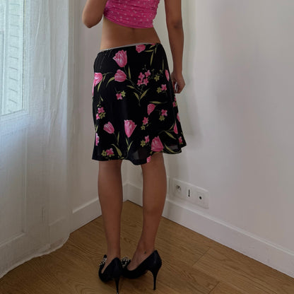Vintage Black Tulip Print Mesh Midi Skirt Double Layer Y2K (S/M)