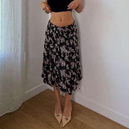 Vintage Black Brown Floral Mesh Midi Skirt (S)