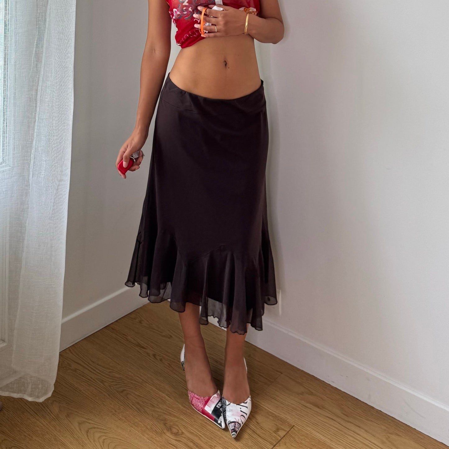 Vintage Brown Mesh Ruffle Midi Skirt Euro Y2K (S)