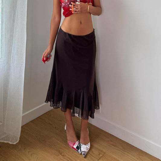 Vintage Brown Mesh Ruffle Midi Skirt Euro Y2K (S)