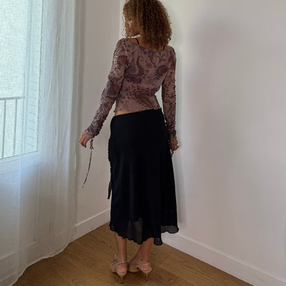 Vintage Taupe Pink Paisley Mesh Top Ruched Drawstring Marella Japan Collection Y2K (S/M)