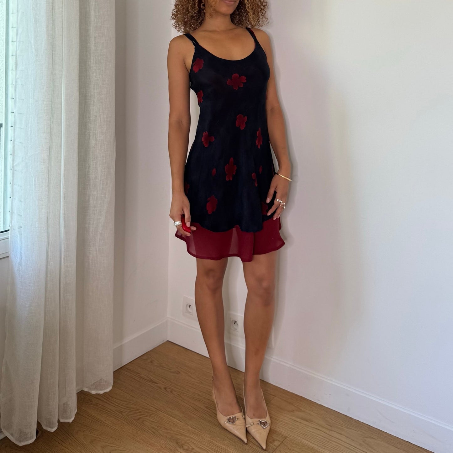 Vintage Black Burgundy Red Floral Layered Mesh Mini Dress Italian Y2K (S)