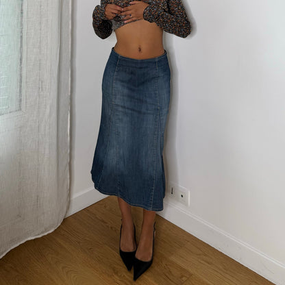 Vintage Y2K Blue Denim Midi Skirt with Flared Hem Panel Stitching & Back Zip Closure