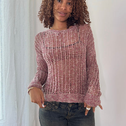 Vintage Pink Open Knit Sweater Sheer Crochet Y2K Euro Top (S/M)