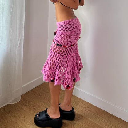Vintage Pink Crochet Knit Midi Skirt Fishnet Ruffle Hem Y2K (S)