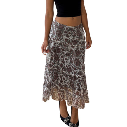 Vintage Italian Floral Sheer-Overlay Ruffle Midi Skirt (Small)