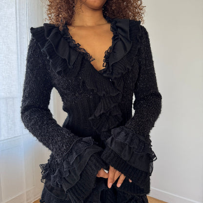 Vintage Euro black ruffled knit maxi cardigan dress with button front (M)