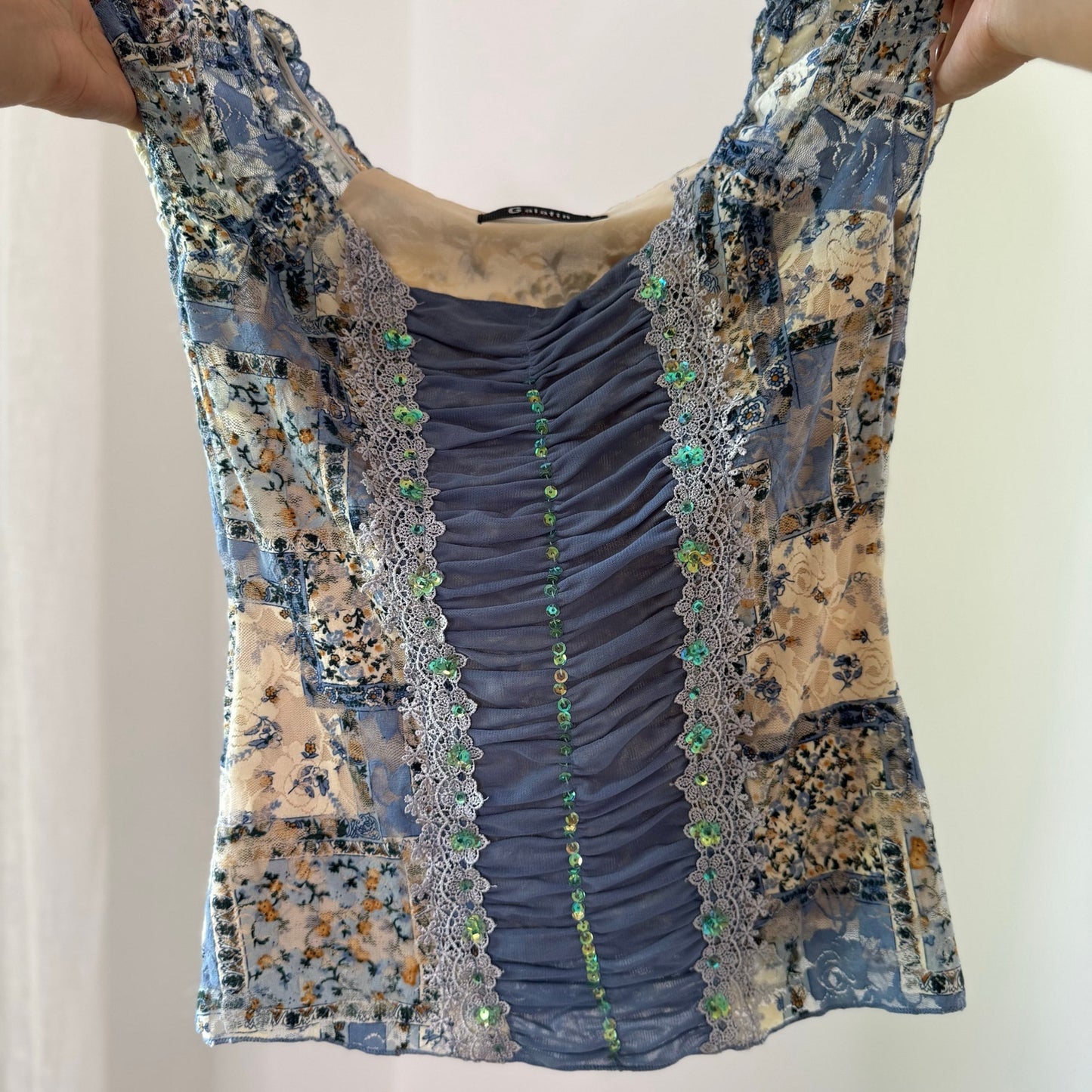 Vintage Blue Cream Floral Sequin Lace Ruched Mesh Top Euro Y2K (M)