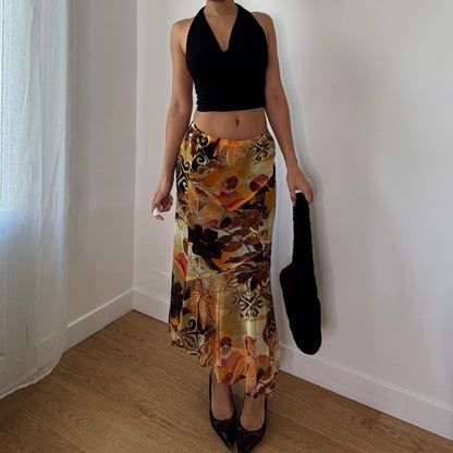 French Vintage Abstract Tribal Mesh Maxi Skirt (S) ⠀