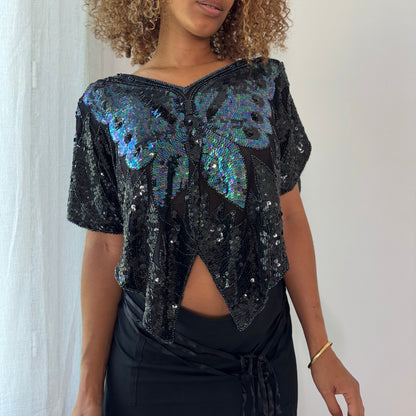 Vintage Black Silk Sequin Butterfly Top Beaded Sheer Evening Y2K (OS)