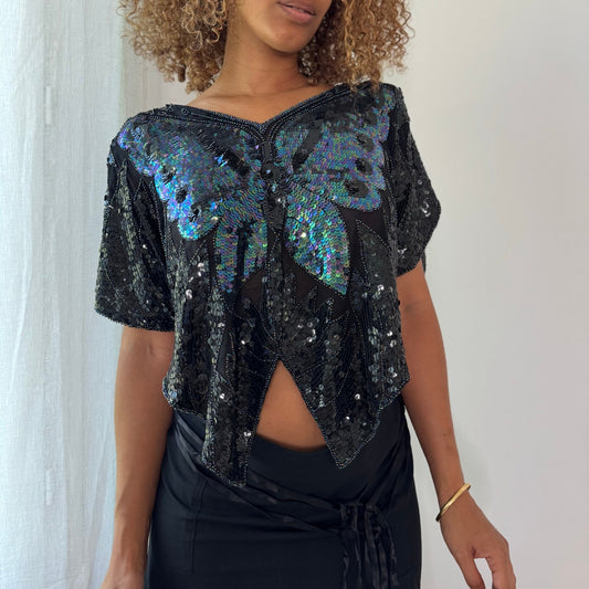 Vintage Black Silk Sequin Butterfly Top Beaded Sheer Evening Y2K (OS)