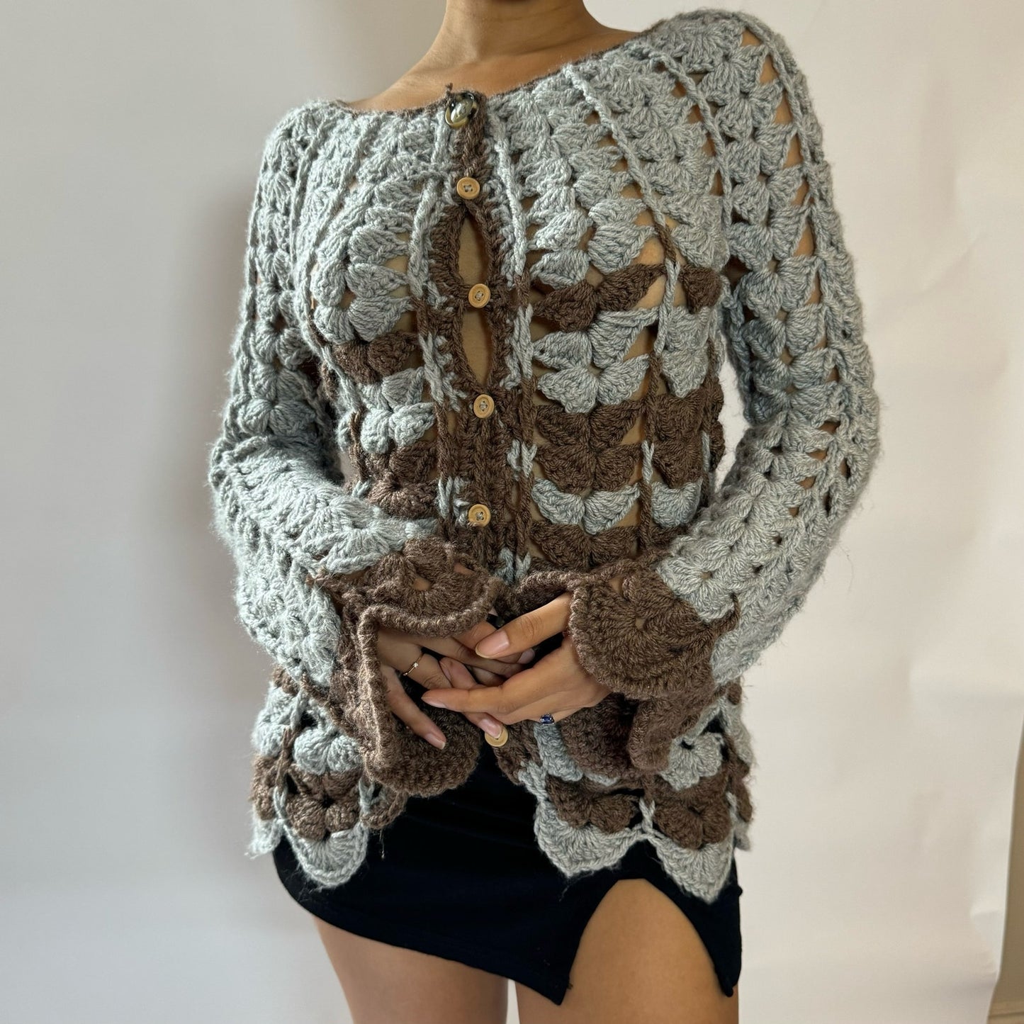 Vintage brown and gray sheer crochet knit coquette cardigan sweater (S) grunge