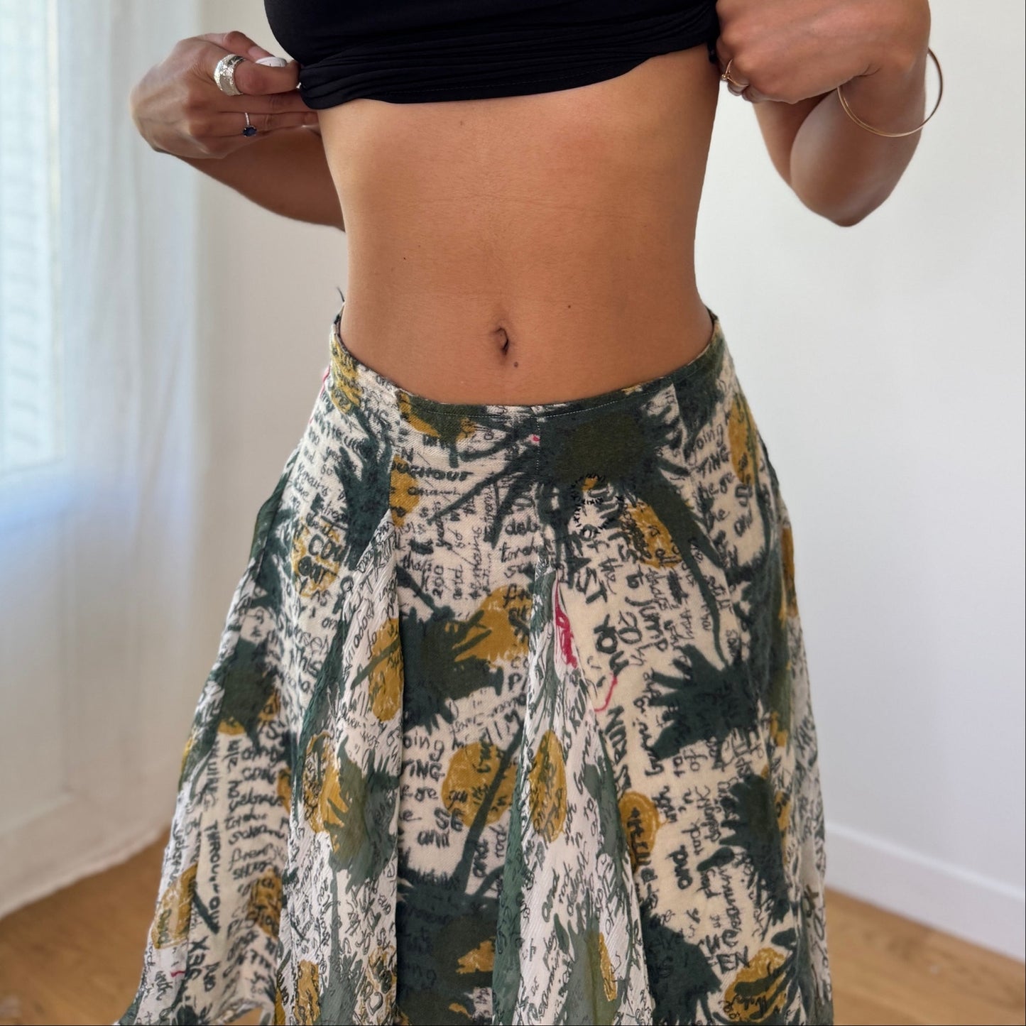 Vintage Abstract Script Silk Blend Handkerchief Midi Skirt Mesh Overlay (S) ⠀
