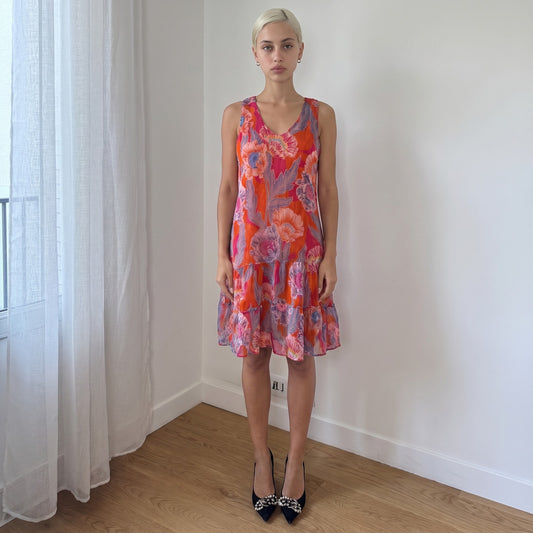 Vintage Derhy Multicolor Floral Sheer Midi Dress Sequin Ruffle Hem Y2K (M)