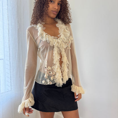 Vintage Italian cream ruffle applique sheer mesh tie-front top (Small/Medium)