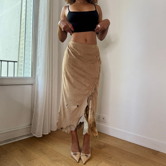 Vintage Beige Faux Suede Cutout Midi Skirt (XS/S)