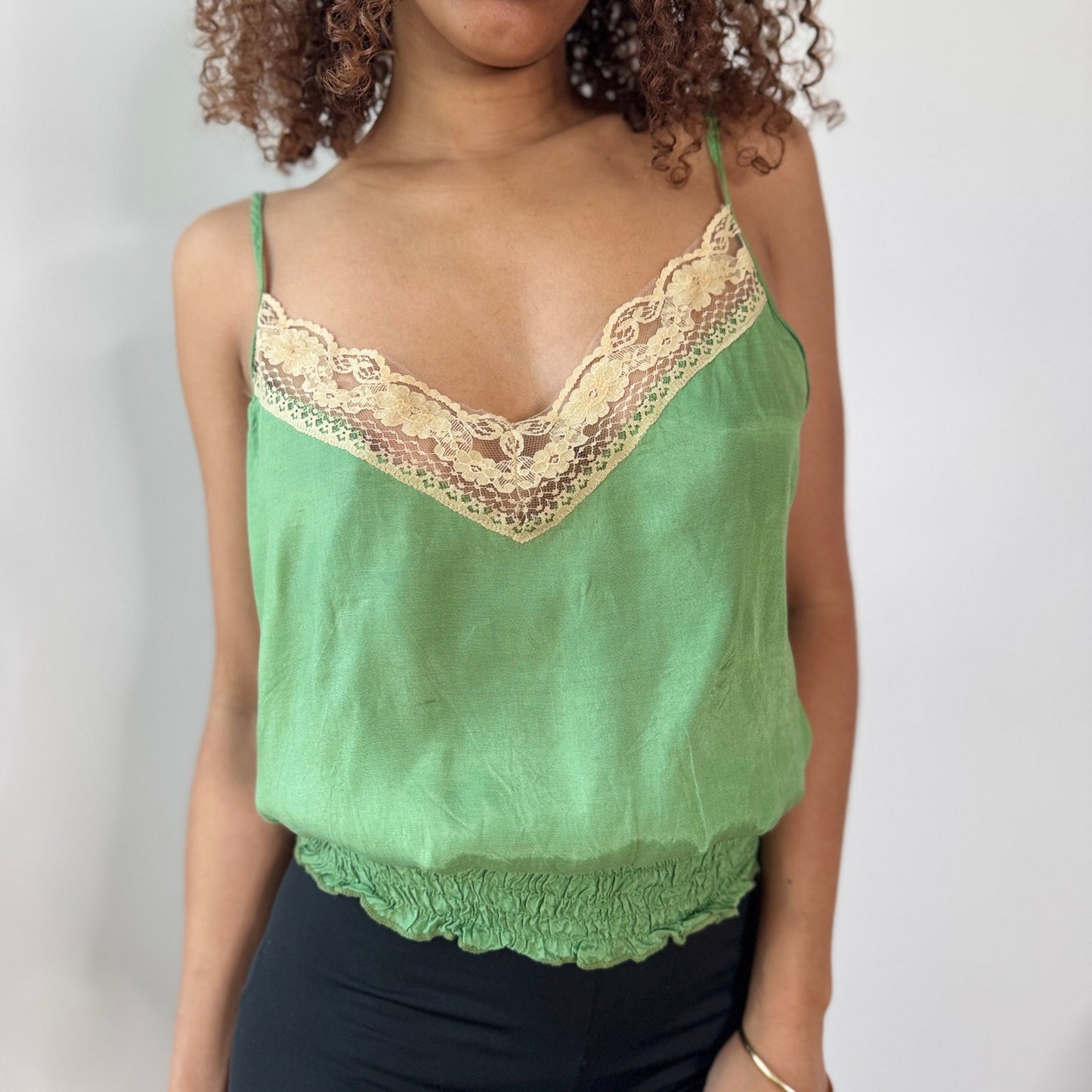 Vintage Italian Green Lace Trim Camisole Top 100% Viscose (S)