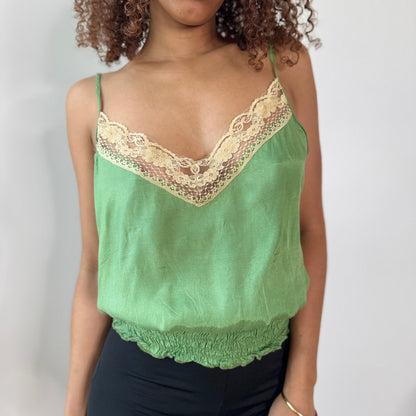 Vintage Italian Green Lace Trim Camisole Top 100% Viscose (S)