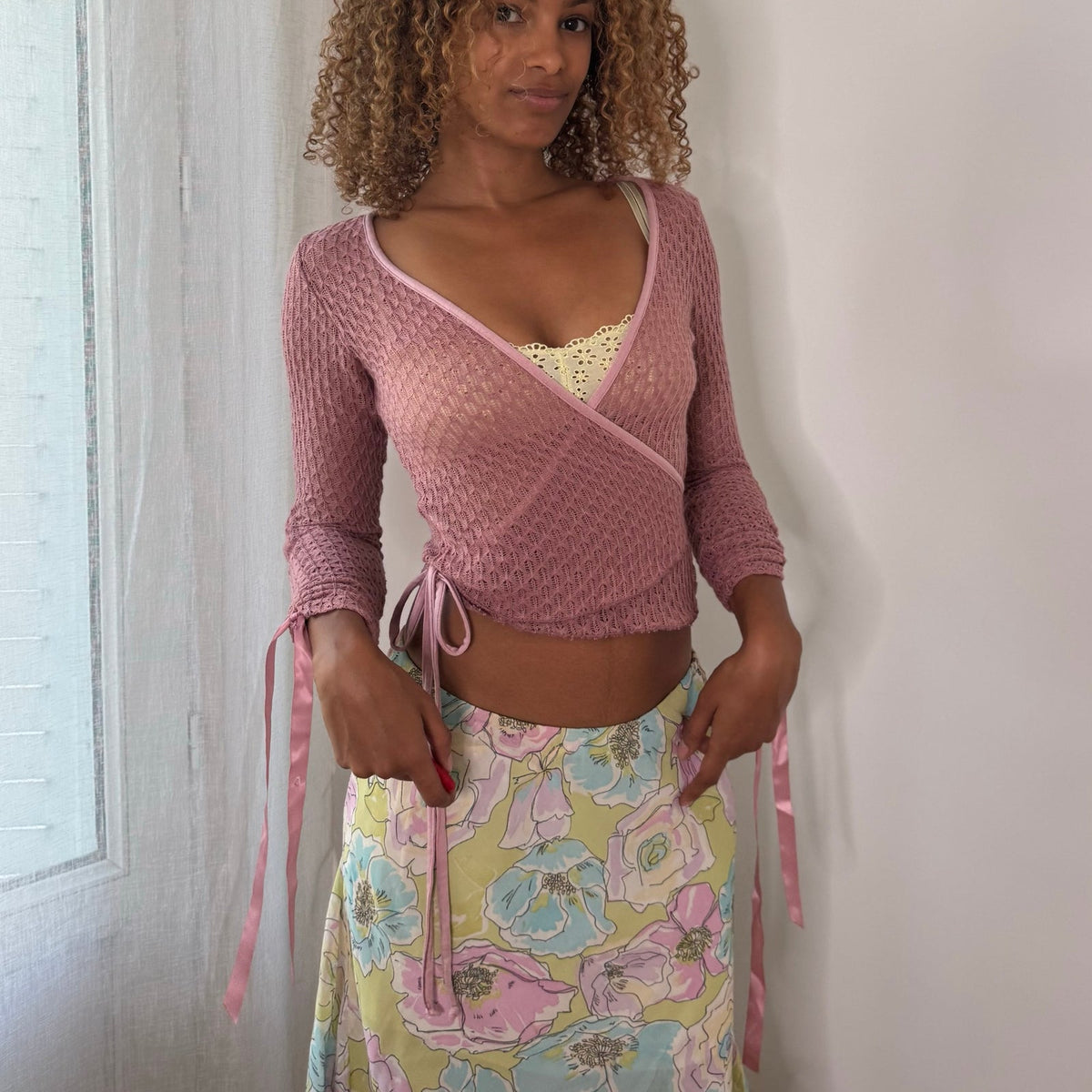 Vintage dusty pink openwork knit wrap cardigan with side ties, ruched sleeves & cropped fit