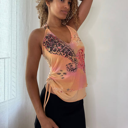 Vintage Peach Orange Pink Paisley Layered Mesh Halter Top Italian Y2K (S/M)