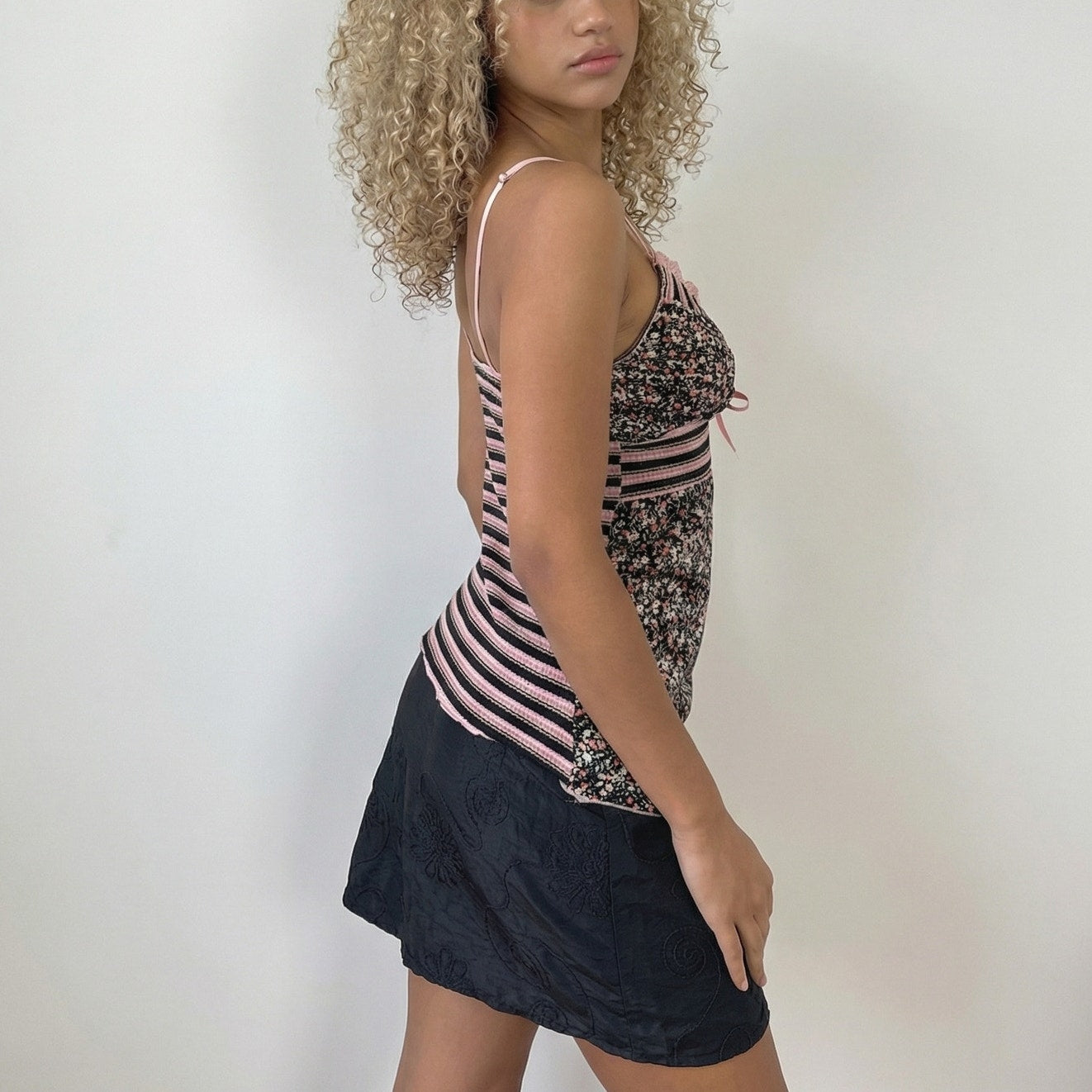 Vintage Euro Floral Satin Knit Cami Top Lace Trim Mixed Texture (S/M)