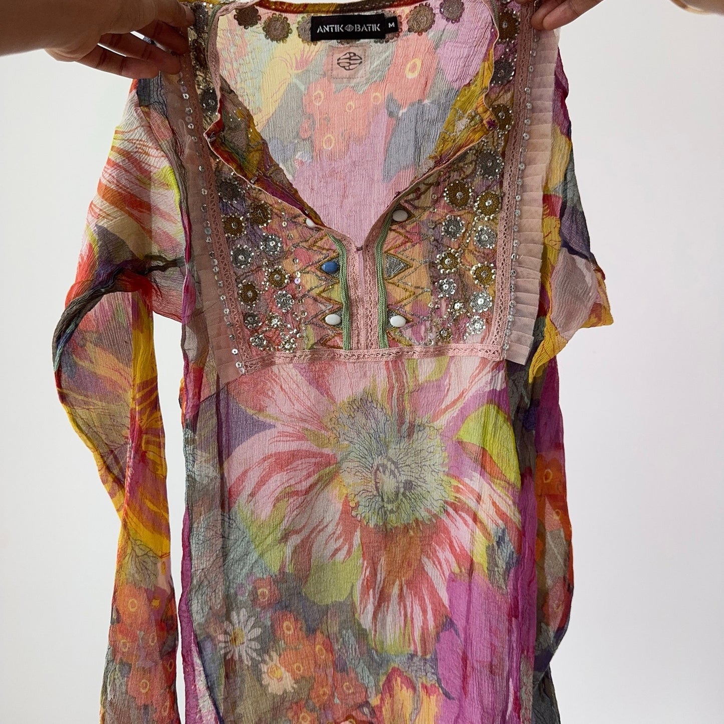 Vintage Pink & Yellow Silk Floral Beaded Mesh Top Boho Y2K (S/M)