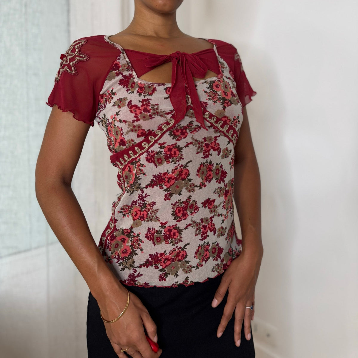 Italian vintage Y2K burgundy floral mesh top with beaded embroidered sleeves and tie-front neckline