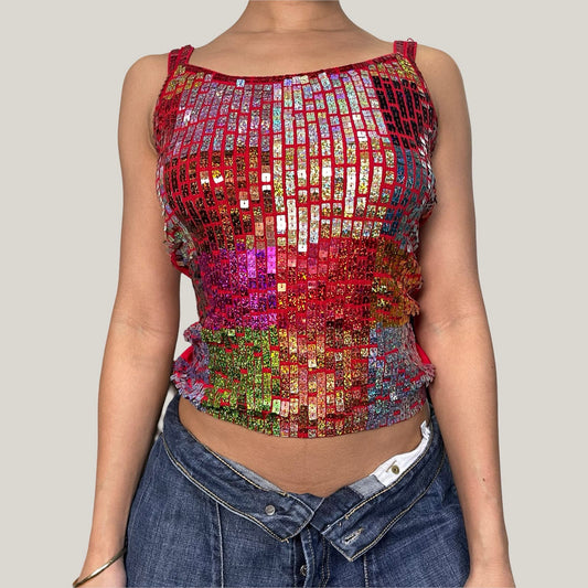 Sourced in Italy - Vintage 90s red multicolor sequin cami top (S) Festival