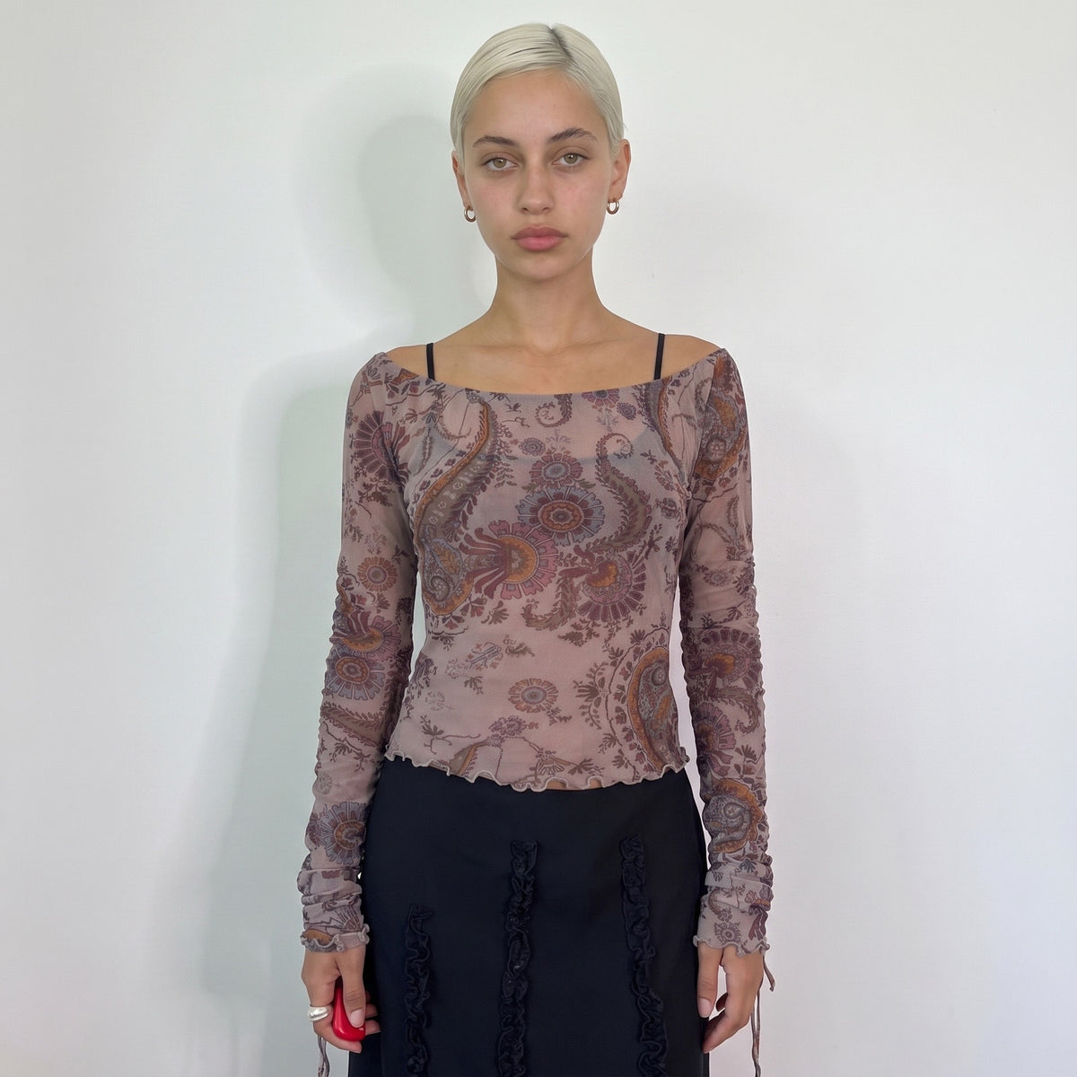 Vintage Taupe Pink Paisley Mesh Top Ruched Drawstring Marella Japan Collection Y2K (S/M)