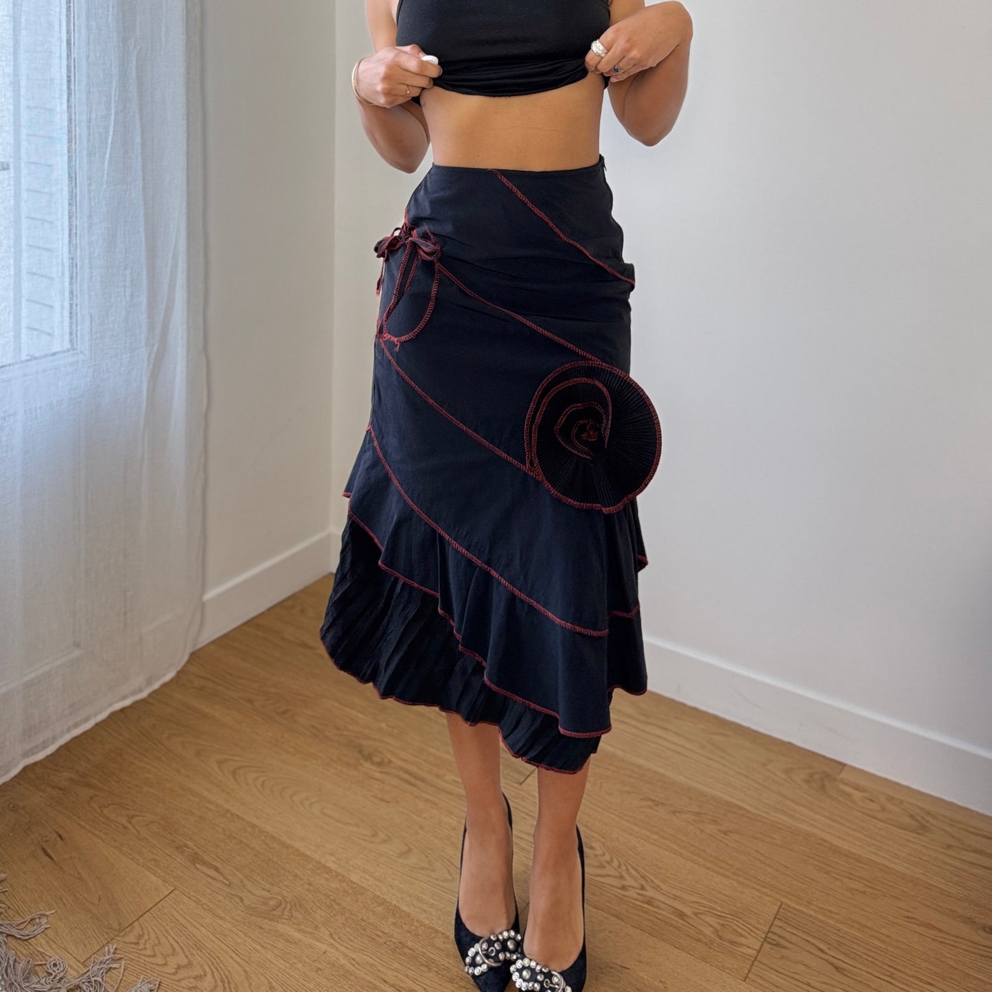 Vintage French Black Midi Skirt Red Contrast Stitch Asymmetrical Hem (XS)