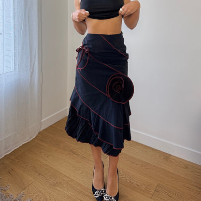 Vintage French Black Midi Skirt Red Contrast Stitch Asymmetrical Hem (XS)