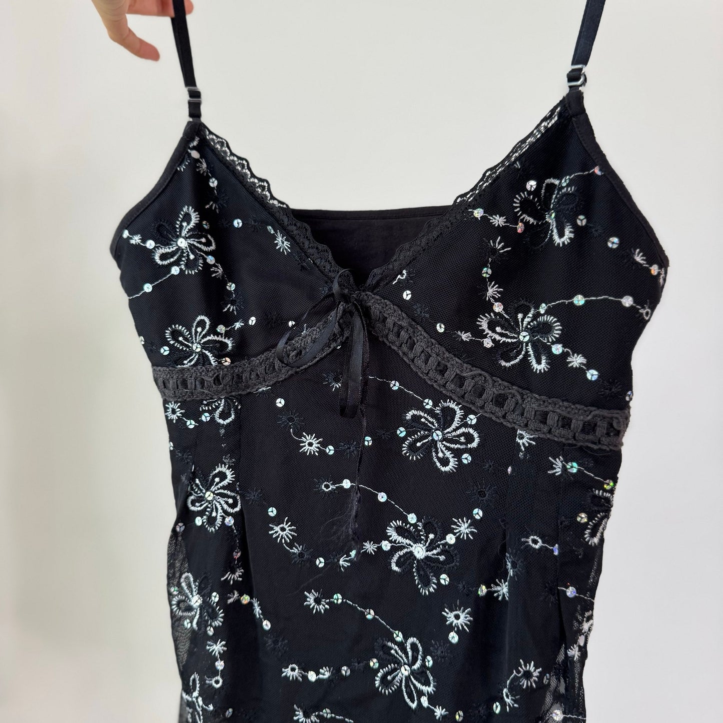 Vintage Black Embroidered Sequin Sheer Cami Top Italian Y2K (S)