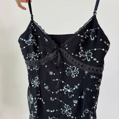 Vintage Black Embroidered Sequin Sheer Cami Top Italian Y2K (S)