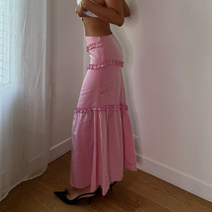 Vintage Baby Pink Satin Ruffle Mermaid Maxi Skirt Euro Y2K (XS/S)
