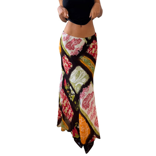 Vintage Y2K Multicolor Patchwork Paisley Low Rise Mesh Maxi Skirt (Small)