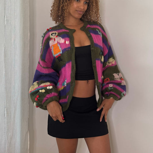 90s vintage multicolor striped chunky knit cardigan with playful figurative motifs, balloon sleeves & oversized fit