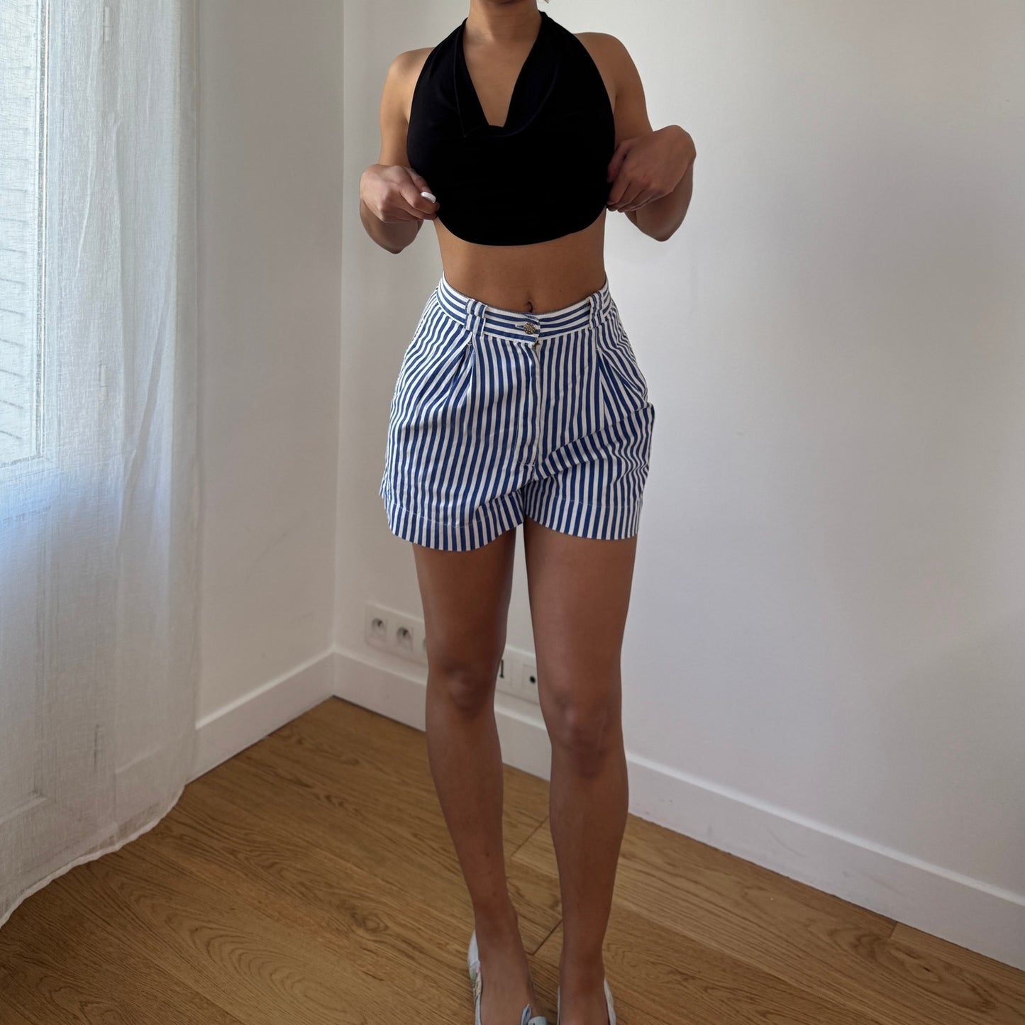 Vintage Blue White Stripe High Waist Shorts Y2K Blumarine Cotton (XS)