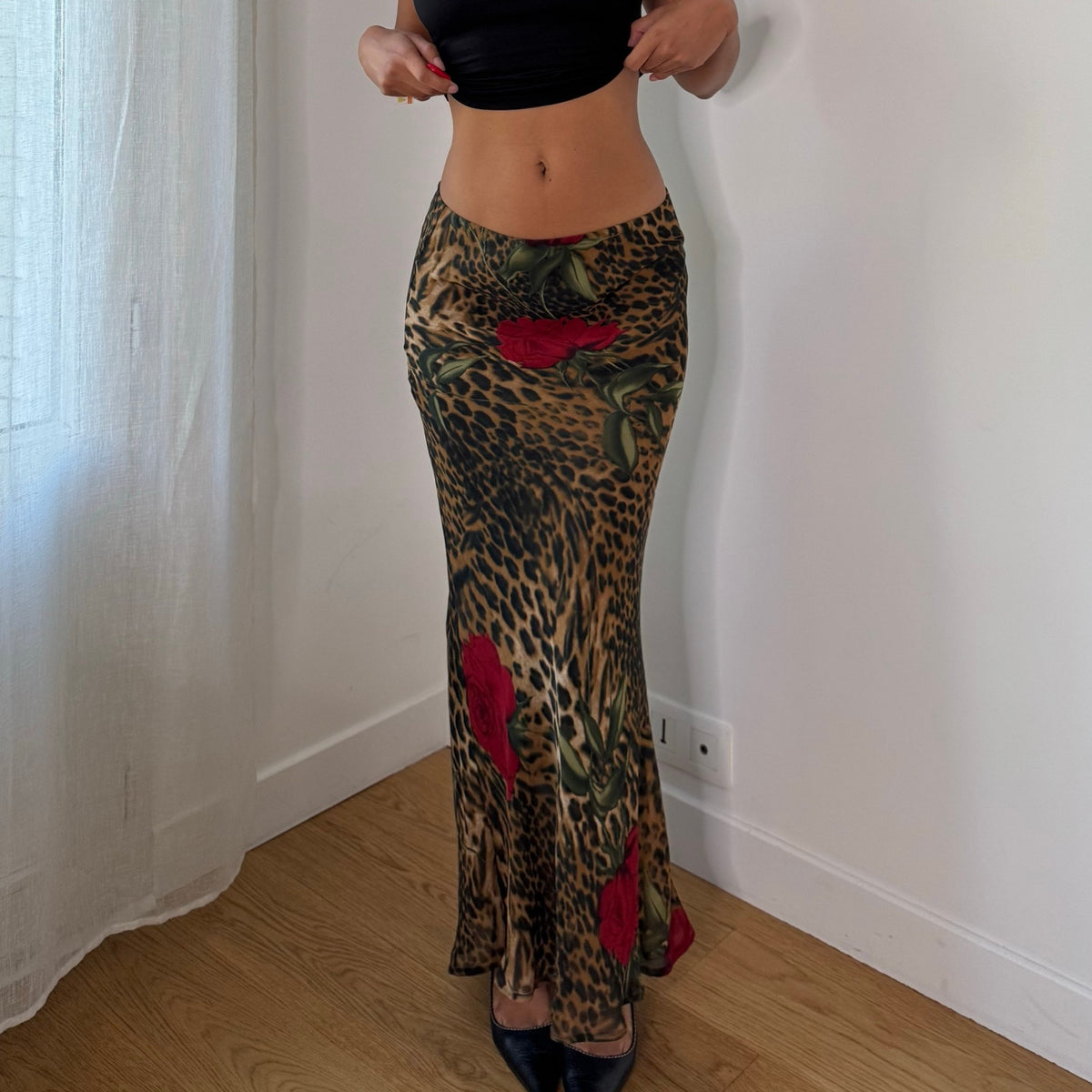 Italian Vintage Leopard Floral Mesh Maxi Skirt