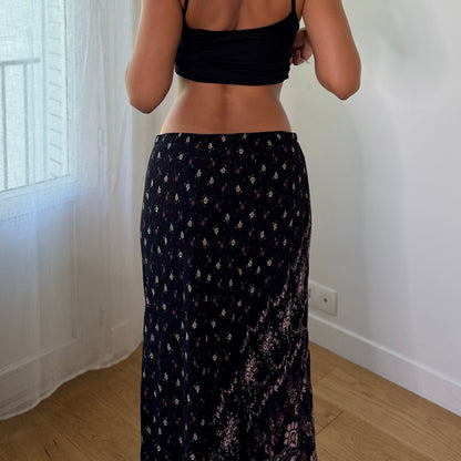 Vintage Black Pink Paisley Sheer Mesh Maxi Skirt (S)